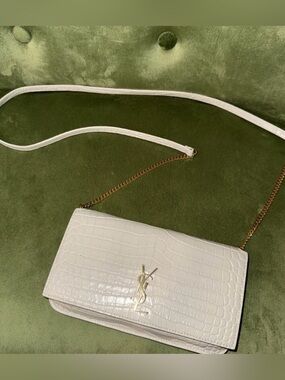 YSL Cassandre phone holder in crocodile embossed leather